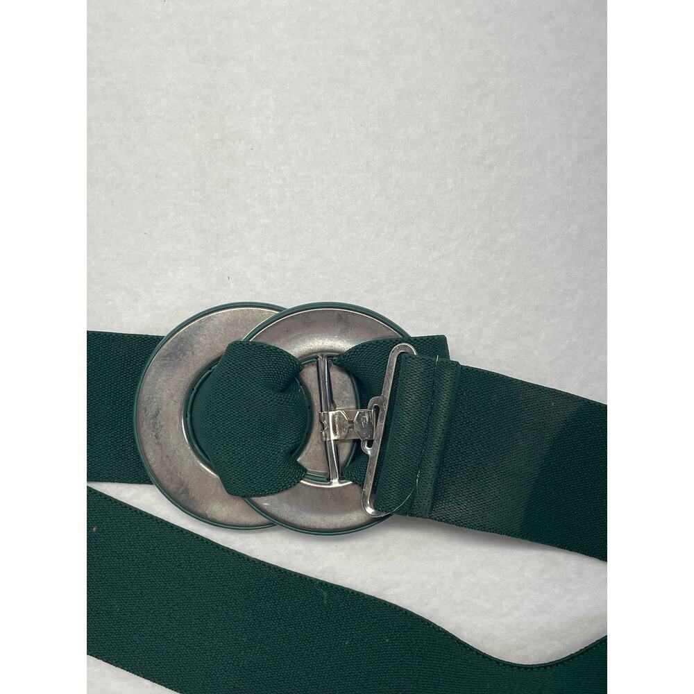 Vintage 80s Green Stretch Cinch Waist Belt Wide Elastic Double Ring Buckle OS - Picture 3 of 7